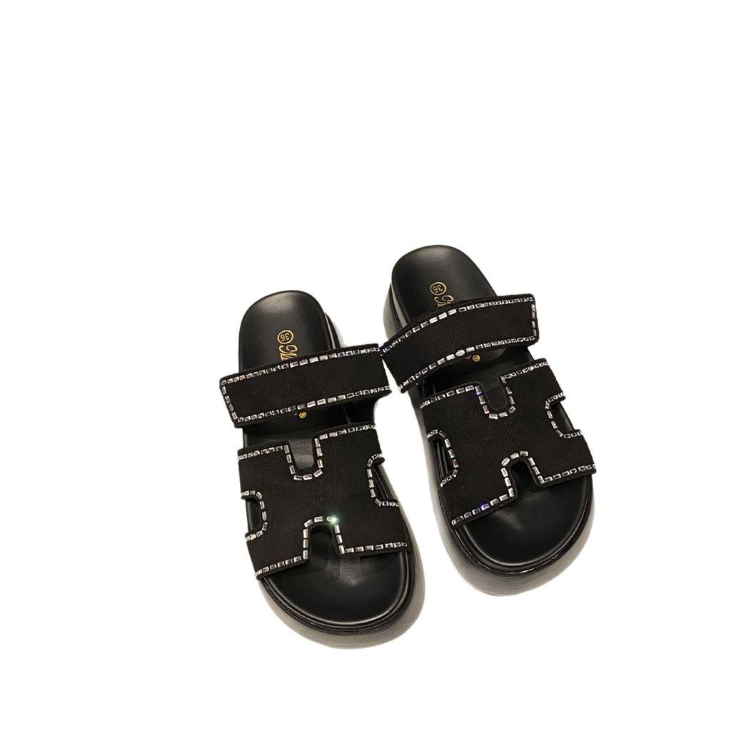 Cool Slippers Women's New Summer Wear In 2025 Fashionable Versatile Rhinestones Heightened Thick Bottom One-word Drag Non-slip and Wear-resistant