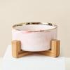 A Ceramic Pet Bowl with a Wooden Base Without Spillage Function  Suitable for Dogs and Cats  Double Layer Pet Ceramic Bowl