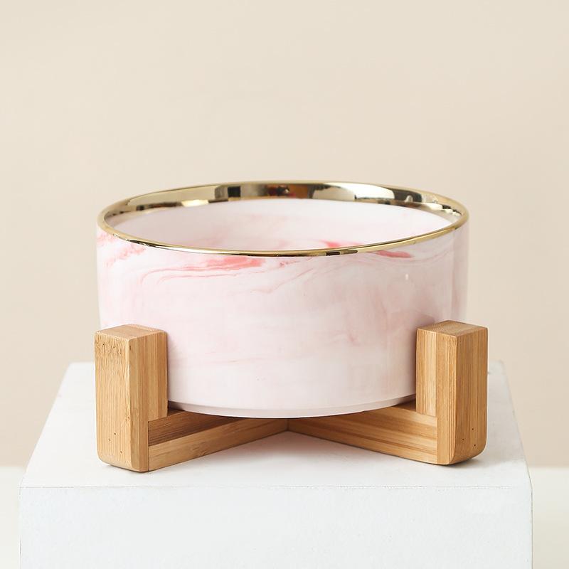 A Ceramic Pet Bowl with a Wooden Base Without Spillage Function Suitable for Dogs and Cats Double Layer Pet Ceramic Bowl