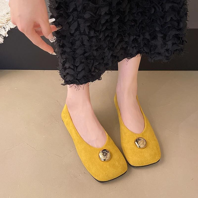 Fashion Women's Mary Jane Shoes Cow Suede Square Toe Metal Decoration Women's Flat Shoes Dress Shallow Mouth Concise Zapatillas De Mujer