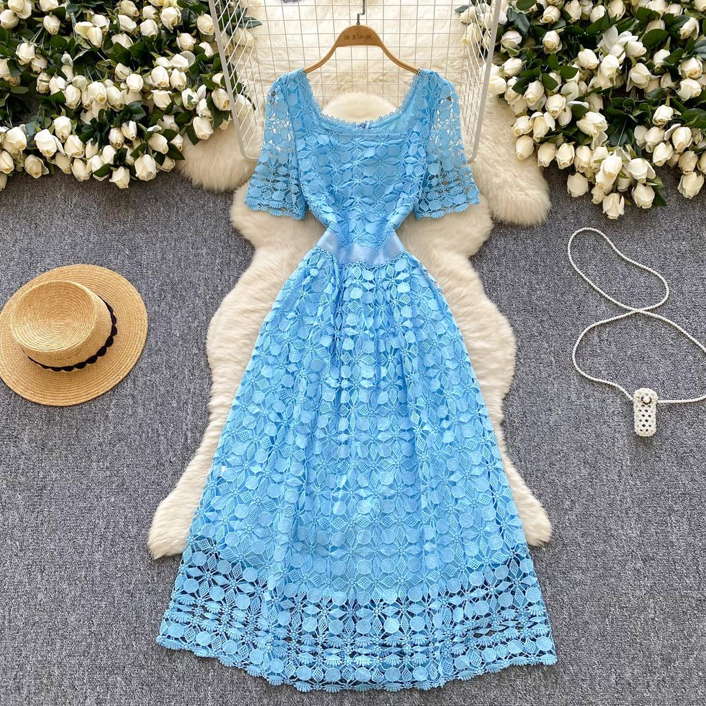 Summer Women Short Sleeve Square Collar Embroidery Lace Long Midi Party Dresses