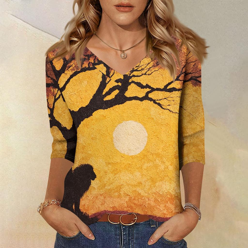 Womens Casual Halloween Print V Neck Three Quarter Sleeve Top Lightweight Soft Fabric Relaxed Fit Pullover Shirt