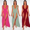 Neuheiten Damen Sexy High Split Kleider Ärmellos Tiefem V-Ausschnitt Hoher Schlitz Lange Party Bodycon Rote Sommerkleider