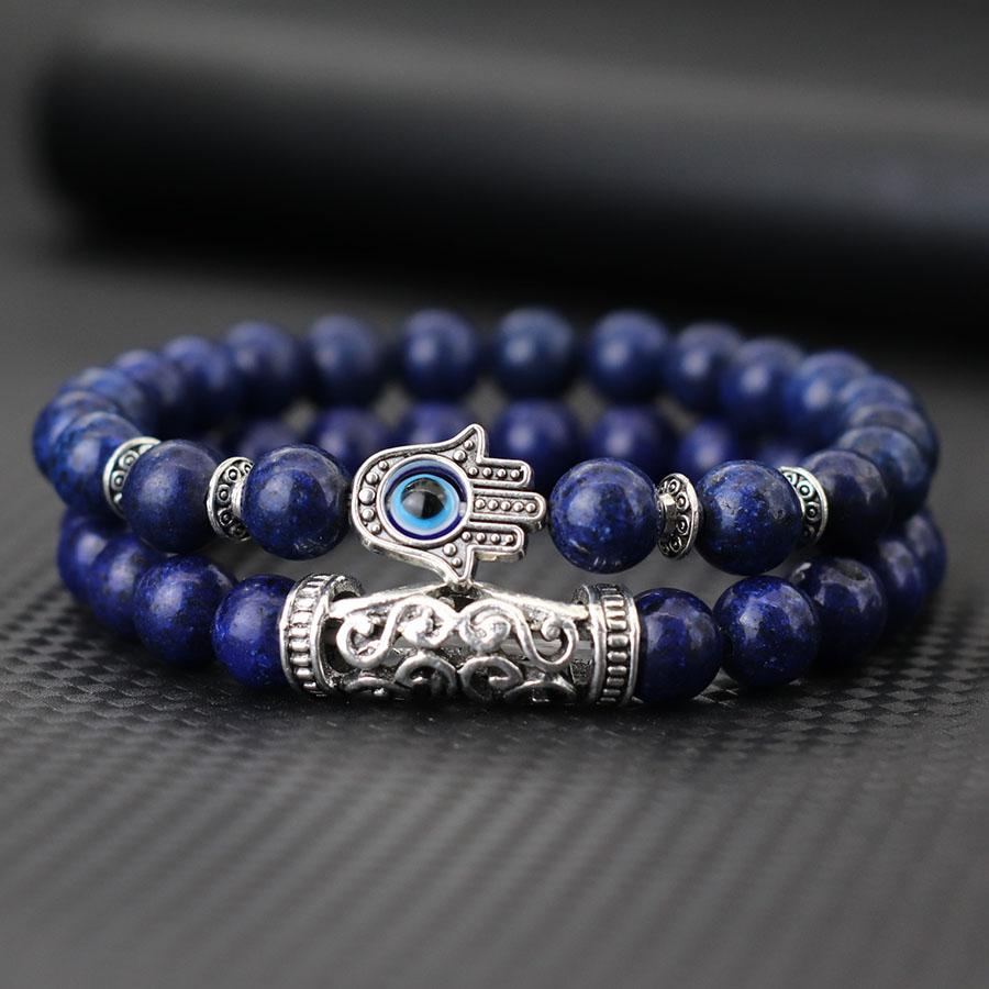Retro 2Pcs Men Bracelet Set Turkey Evil Eyes Fatima Hand Braslet Natural Lava Sodalite Tiger Eyes Braclet Meditation Accessories