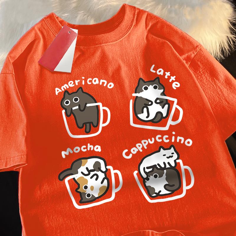 Katze Kaffee Reine Baumwolle Trendiges Sommer Locker Kurzärmeliges T-Shirt Unisex Damen Original Mokka Latte Katze Drei Blumen Lustige Katzen-T-Shirts