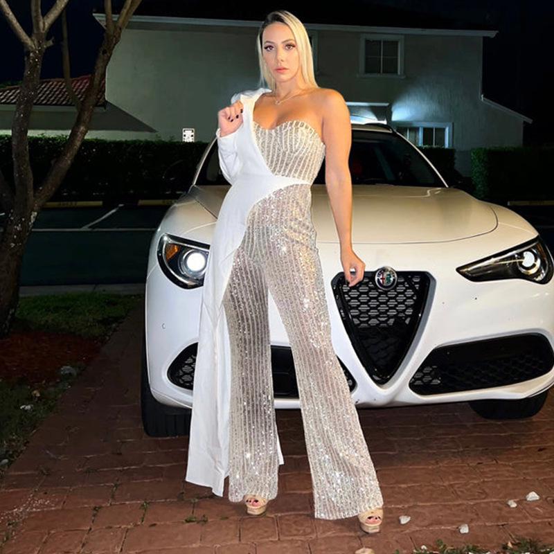 2025 One-Shoulder Silver Splicing Sequin Jumpsuit for Women - European & American Fashion
