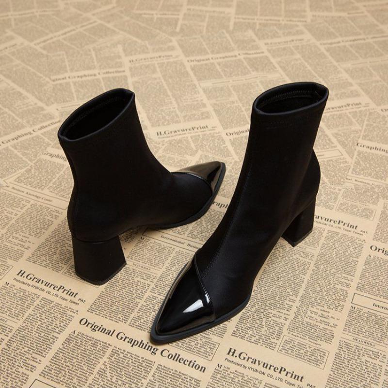 Ankle Boots for Women Sexy Woman Short Shoes Elegant with Medium Heels Pointed Toe Black Booties Hot Comfortable High Quality Pu