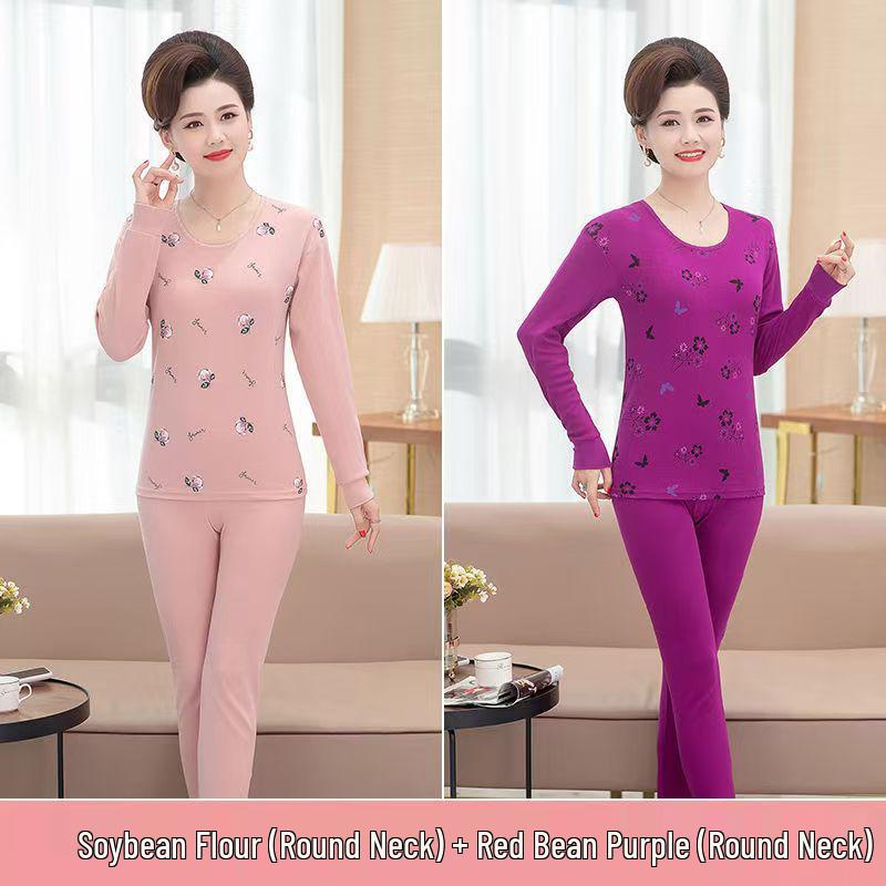 Plus Size Pure Cotton Thermal Underwear Set for Mature Women - Autumn Top & Trousers with Cotton Wool Sweater