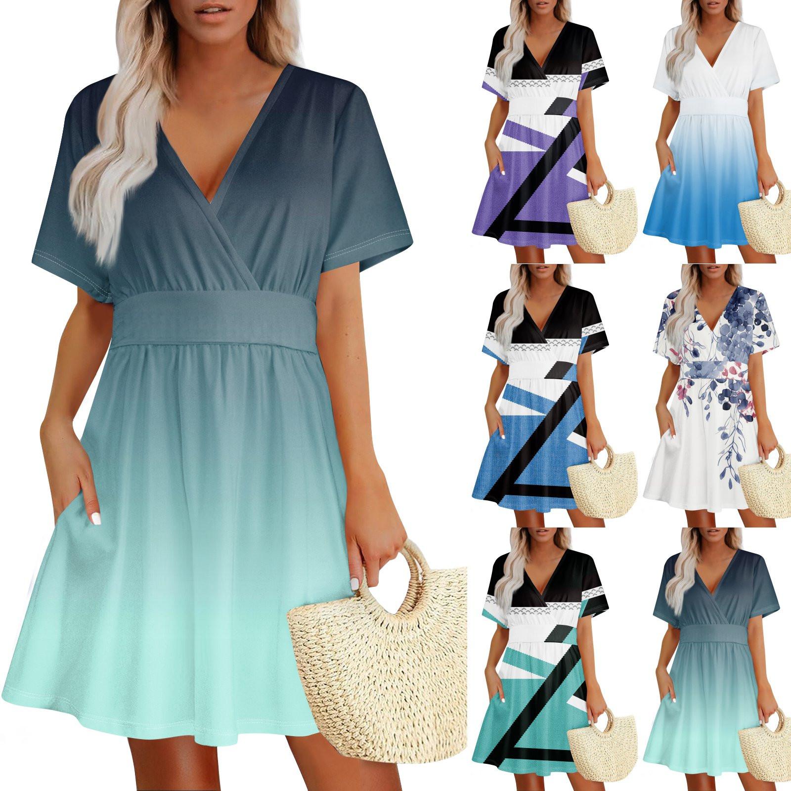 

A Summer Short-sleeved Casual V-neck Floral Pocket Dress For Women S винний