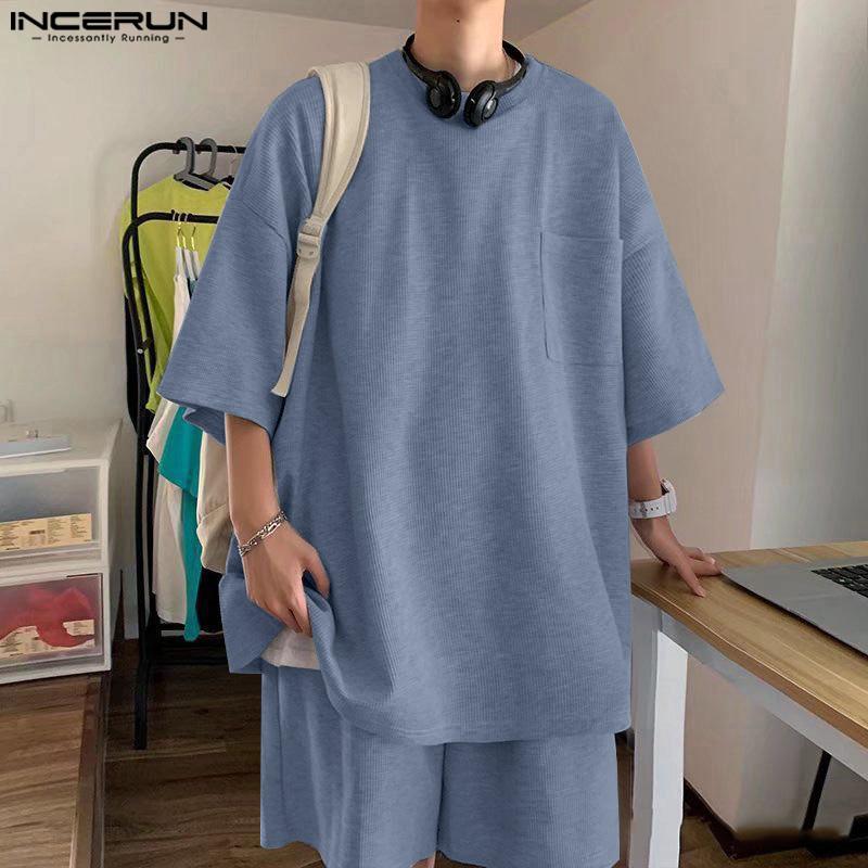 INCERUN Two Pieces Oversized Men Summer Short Sleeve T-Shirts and Loose Shorts Outfits Sets