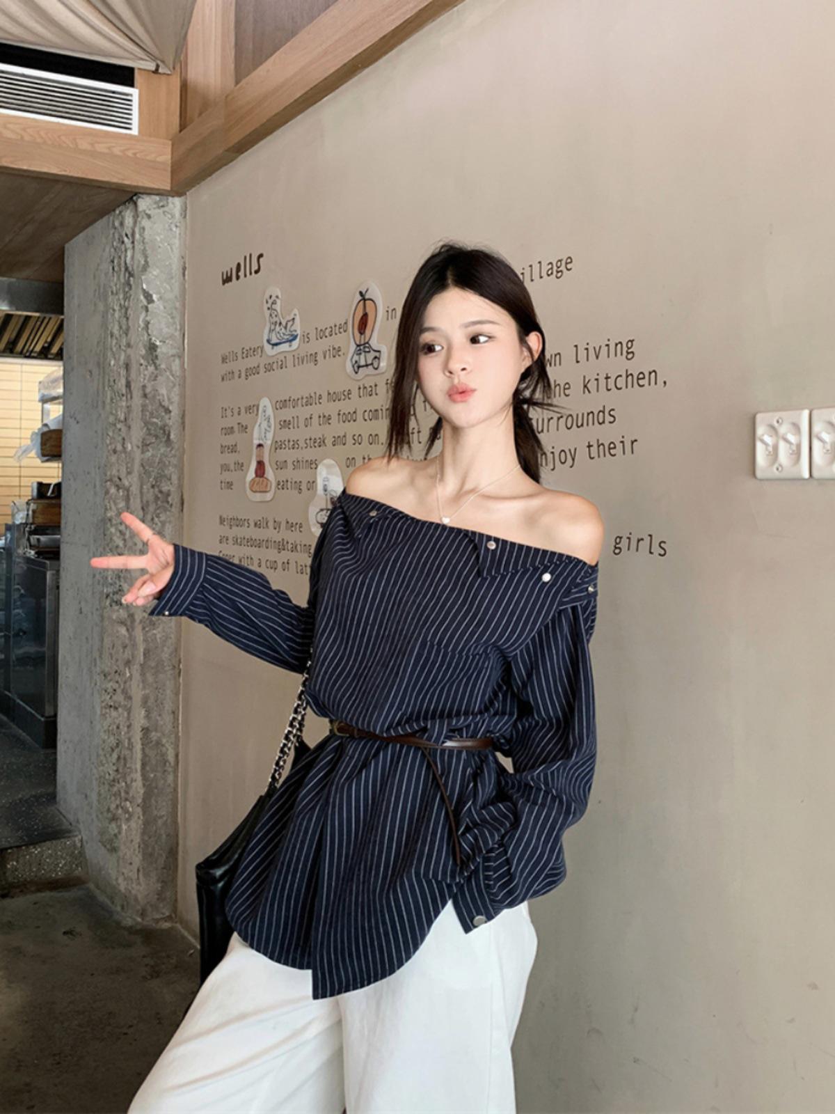 

Autumn 2025 Striped Long Sleeve Shoulder-Slit Shirt - Women s Trendy Design One Size