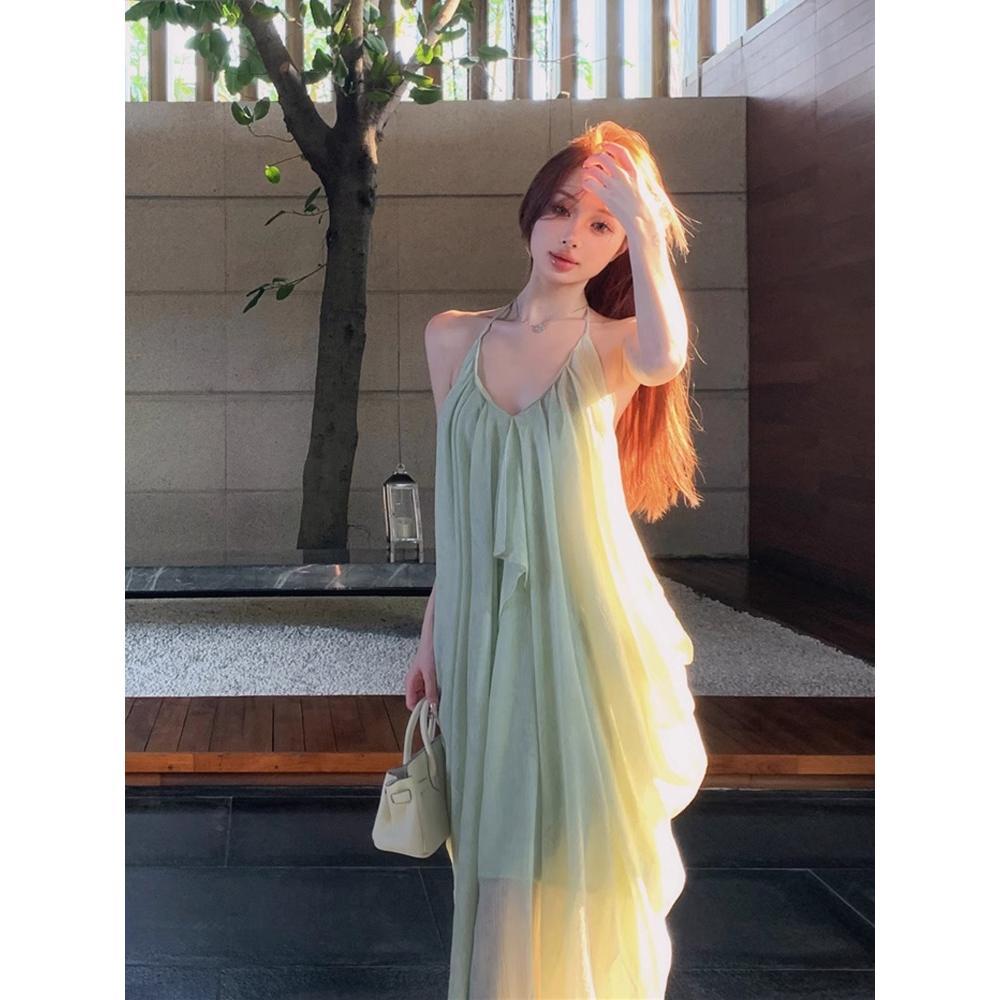 Pure Desire Backless Neck Sling Dress Women's Summer Vacation Pleated Long Dress Green Loose A-word Skirt