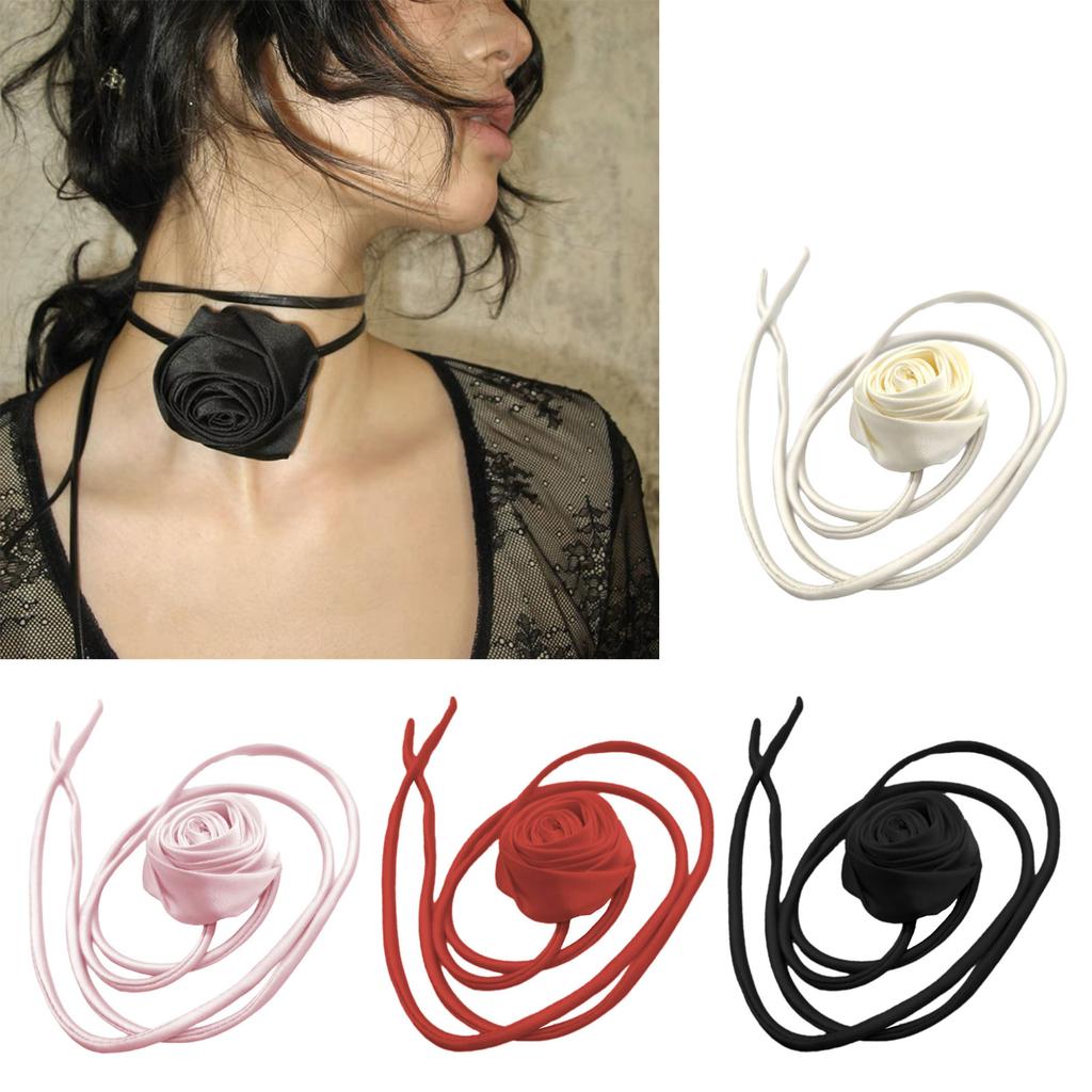 Stylish Rose Neck Collar Necklace Chic Rose Ribbon Necklace Elegant Long Rope Necklace Suitable for Various Occasion