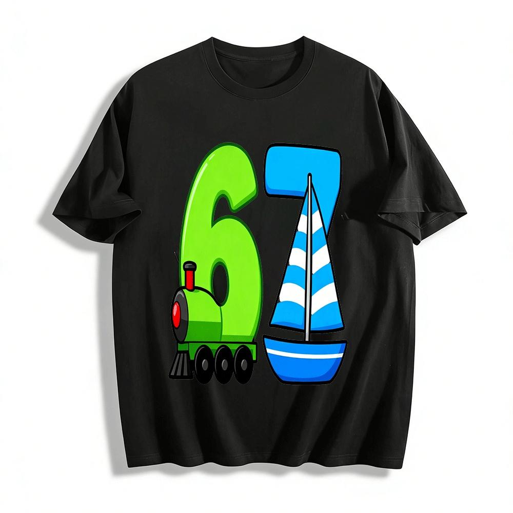 Kids Graphic Tee Number 6 Train & Number 7 Sailboat Print Pure cotton T-shirt XXS