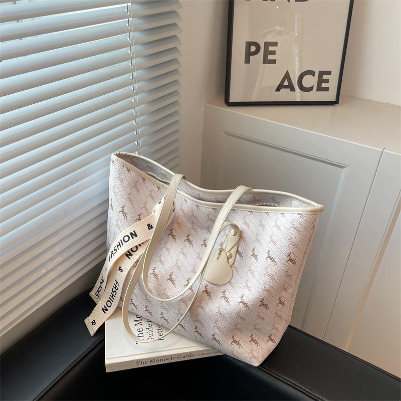 New Trendy Printing Large-capacity Tote Bag Shoulder Ribbon Commuter Bag Bucket Bag Handbag