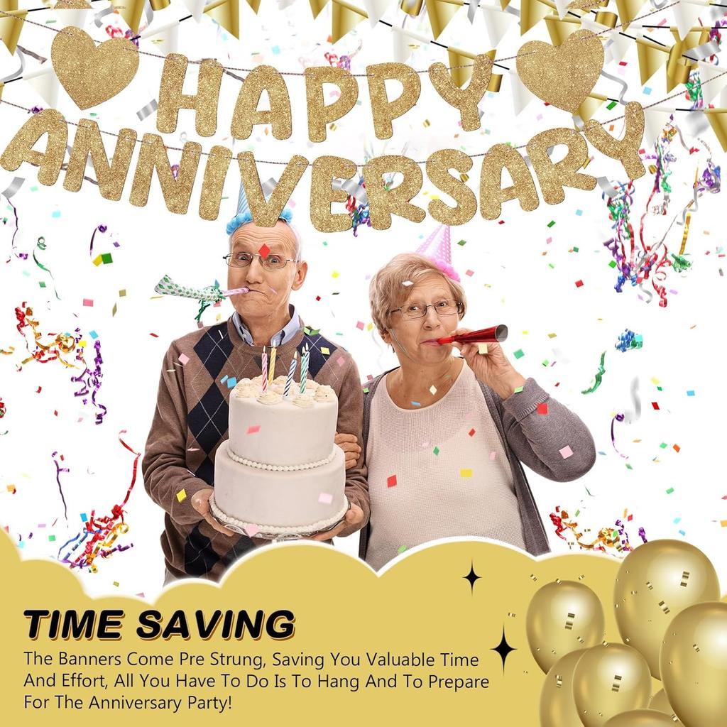 Fulmoon Happy Anniversary Banner Glitter Happy Anniversary Decorations Wedding Party Banner Romantic Decorations No DIY Pre-strung for Wedding Party