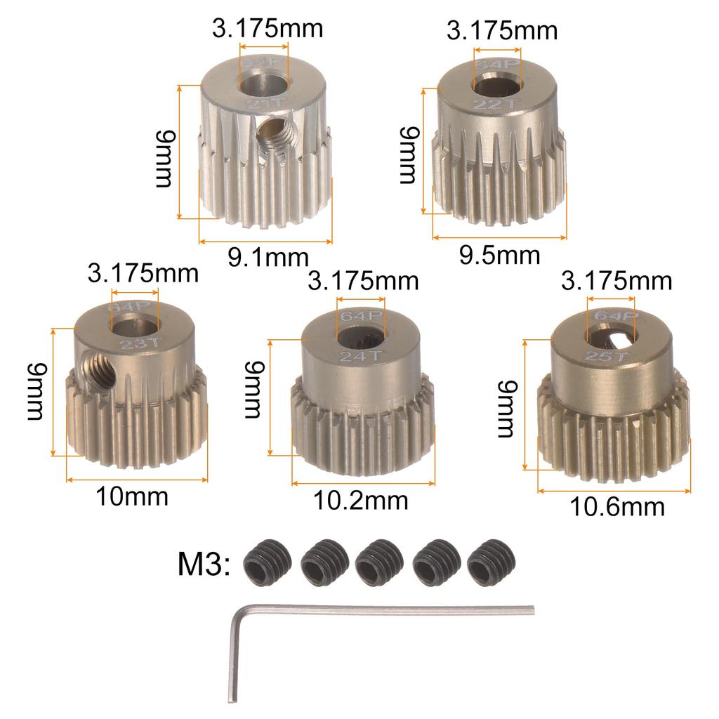 uxcell 64P Pinion Gear Set, 3.175mm (18") Shaft, 21T, 22T, 23T, 24T, 25T, Aluminum Alloy Motor Gears for 110 RC Car (Set of 5)