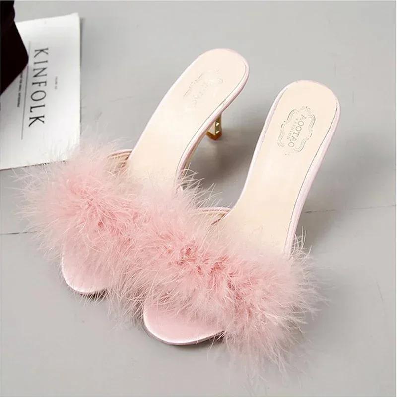2024 Summer New Women's Slippers Stiletto Sandals Party Women's Flip-flops High Heels Furry Mule Shoes
