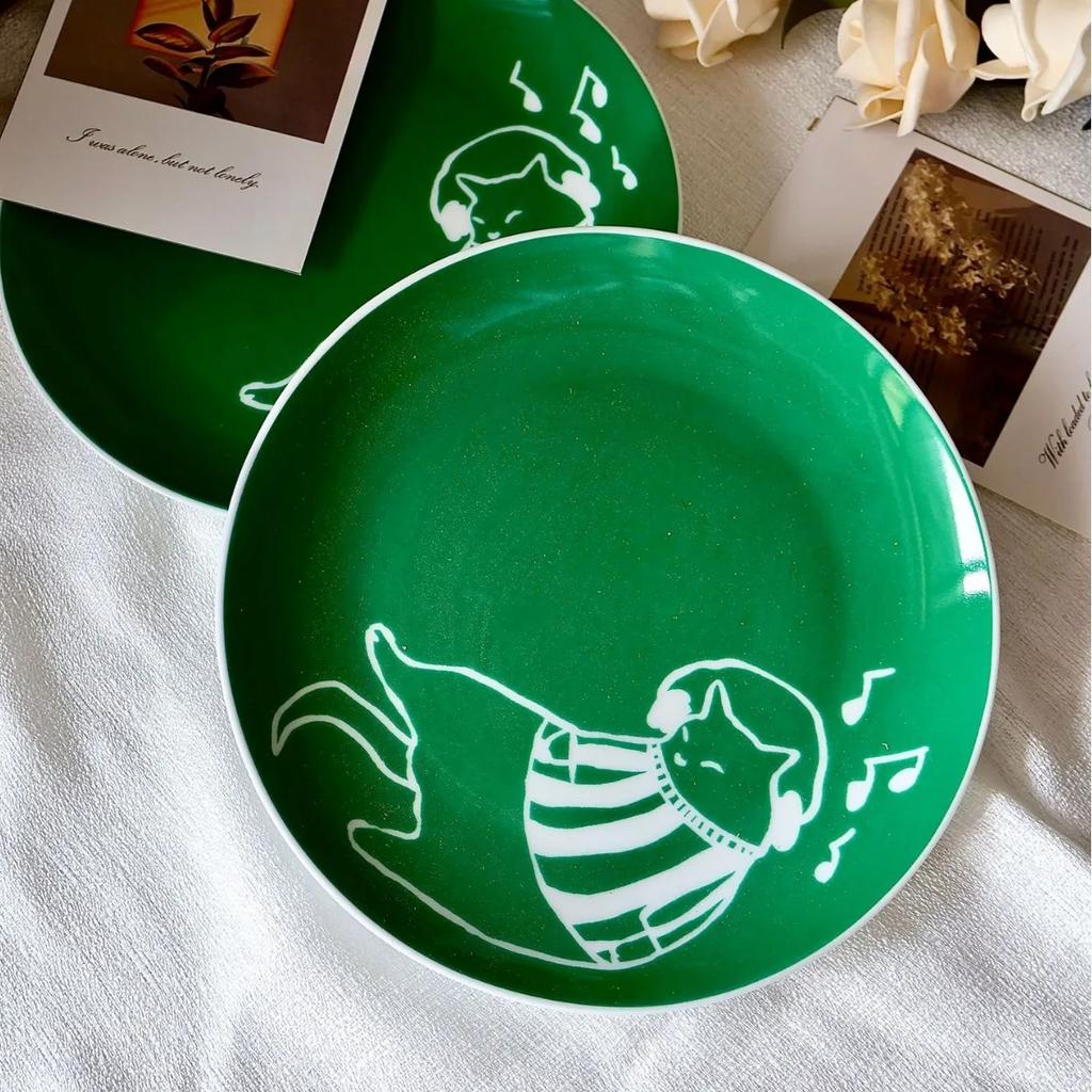 Korean Round Ceramic Cat Island Flat Salad Plate Cute Dessert Cake Dessert Plate