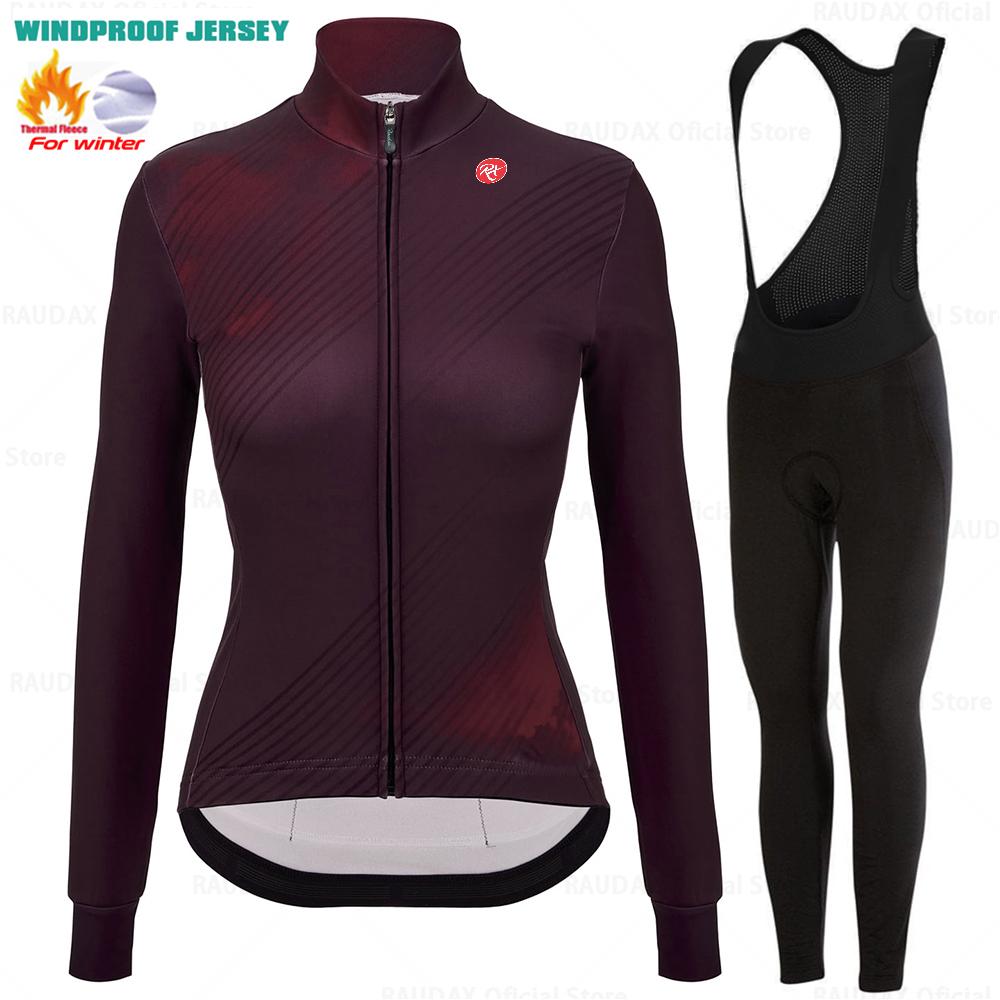 2025 Raudax Women Long Sleeve Jersey Pure Dye Coral Winter Cycling Clothing Outdoor Riding MTB Ropa Ciclismo Velveteen Bike Set