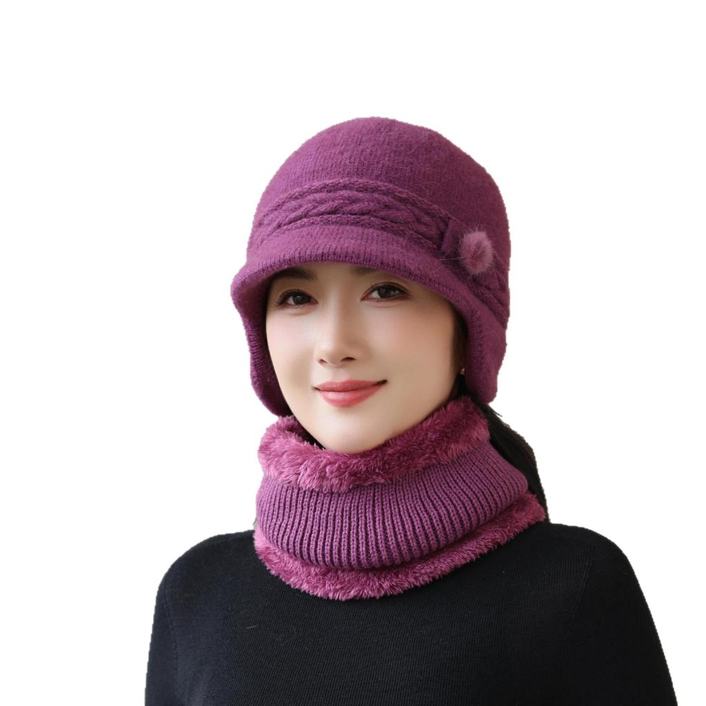 Hat Winter Knitted Rabbit Fur Scarf Set Mom Middle-aged Old Lady Home Lover Cold Protection Grandma