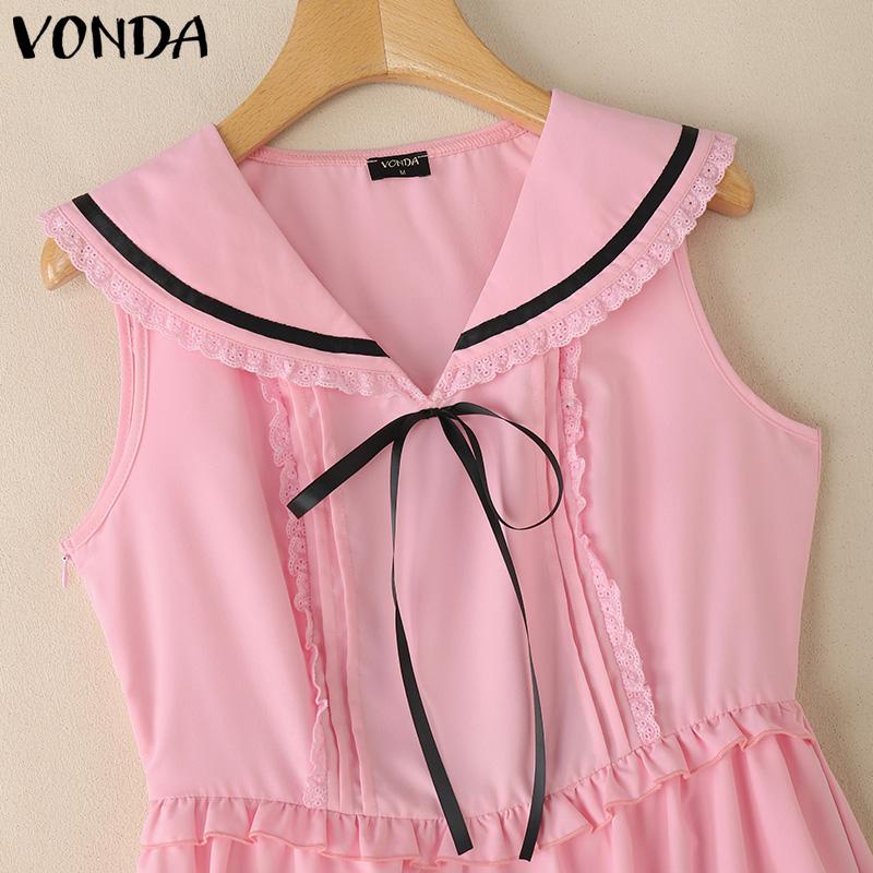 VONDA Women Naval Collar Sleeveless Crochet Hem Slim Waist Pleated Dress