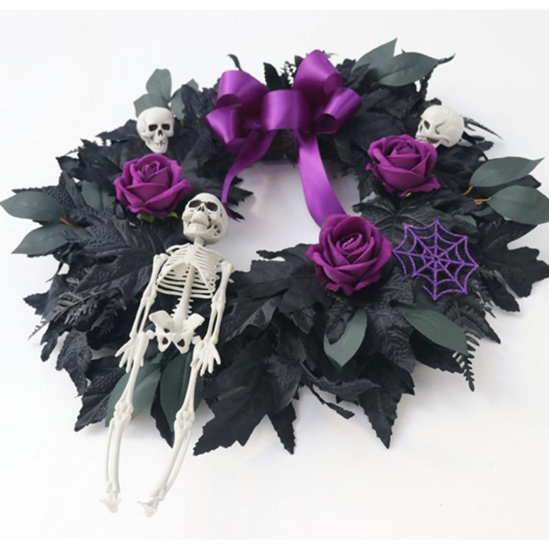 Halloween Front Door Wreath, Artificial Floral Wreath with Black Purpler Leaves Hanging Decoration for Front Door Entryway Wall