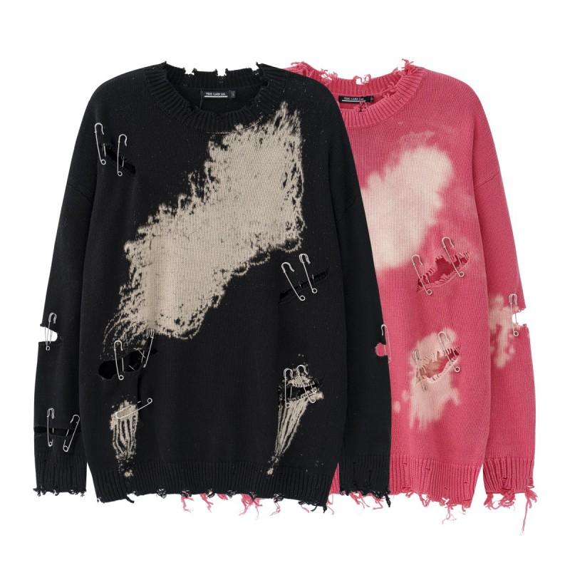 Oversized Crewneck Sweater With Distressed Pinhole Detail Winter Streetwear Knitwear Teens