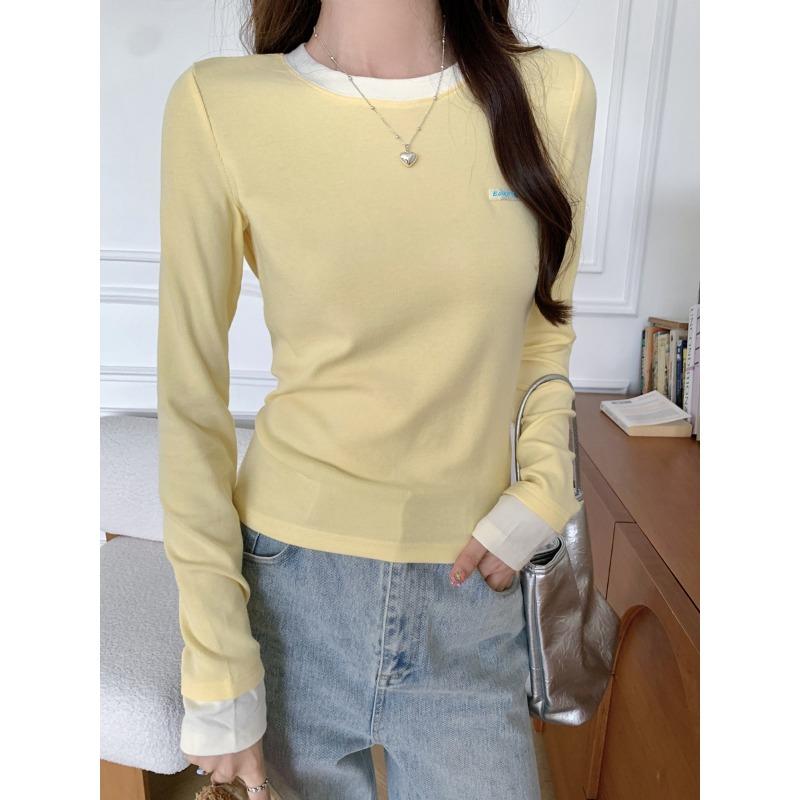 Tricou cu mânecă lungă, contrastant, cu guler rotund, la începutul toamnei, pentru femei, nou, fals, din două piese, slim fit și subțire, cu partea de jos interioară a tricouului