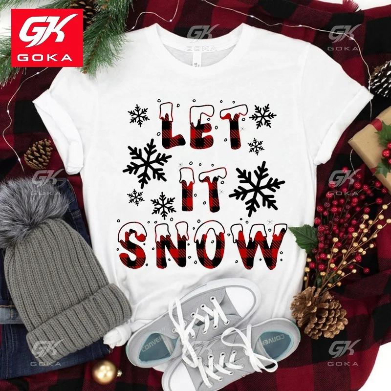Cool Women Cotton T Shirt Fashion Clothes Casual Tops Short Sleeve Christmas Let It Snow Ladies Pullover Short SleeveT Shirts S