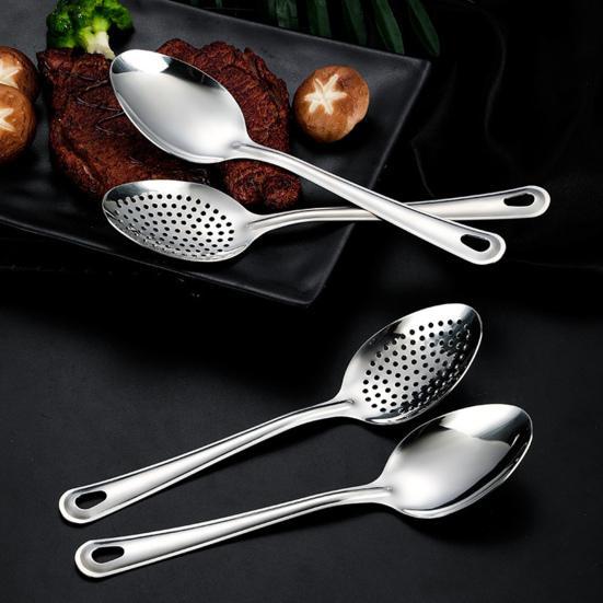 2Pcs Long Handle Slotted Spoon Set Stainless Steel Serving Spoons 10" Solid Spoon & Slotted Spoon Rust-Proof Kitchen Buffet Supply