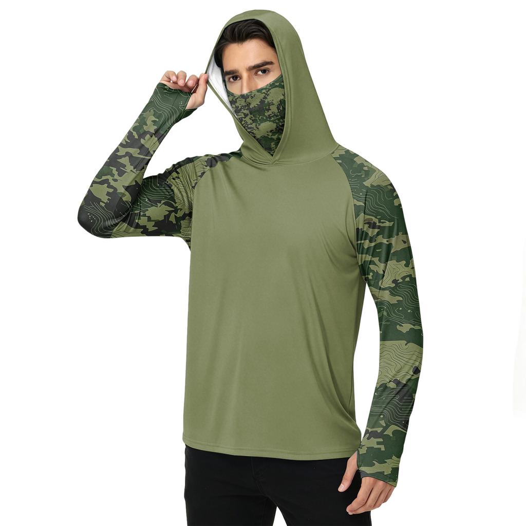 Men's Casual Outdoor Camouflage Print Hooded Long Sleeve Sun Protection Shirt Lightweight Quick Dry Breathable Fabric