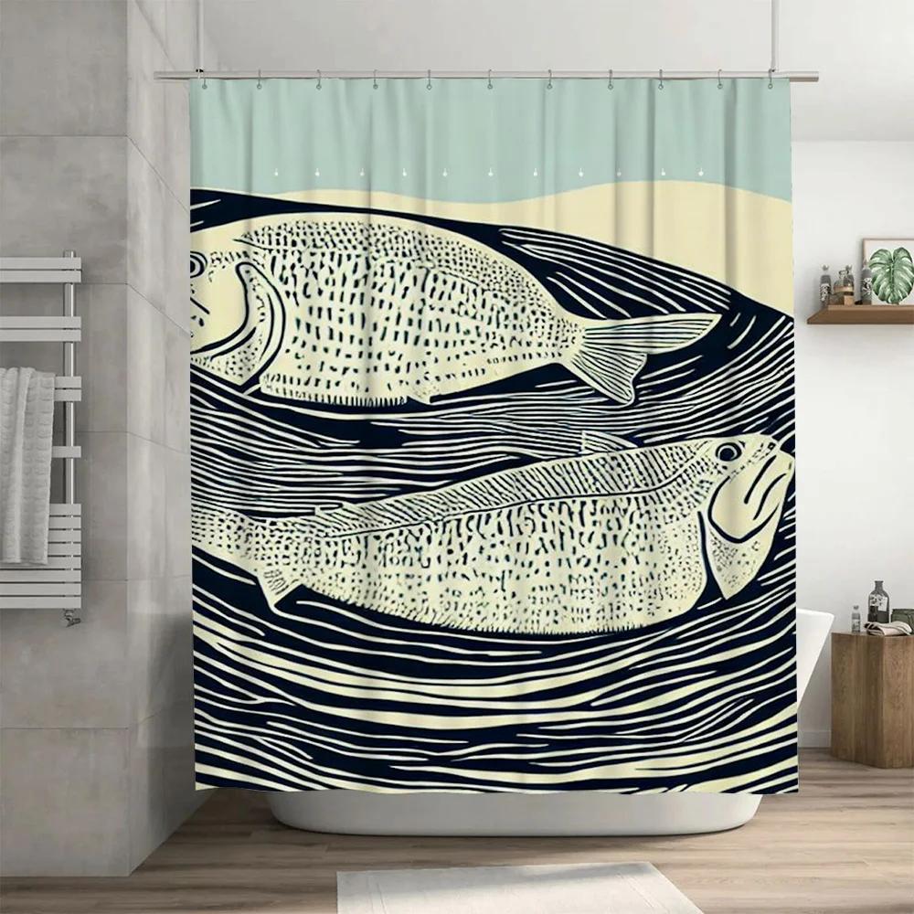 Vintage Blue Fish Print Shower Curtain for Bathroom Decor High-Quality Fabric with Hooks Included