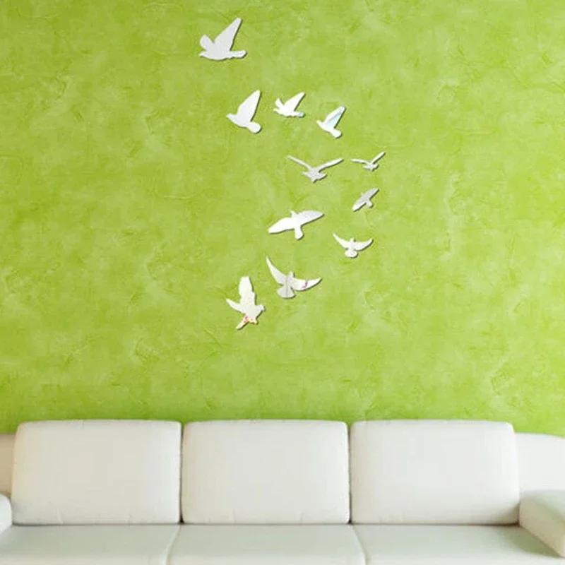 11Pcs Peace Dove Bird Shaped Acrylic Gold Sliver Mirror Stickers Wall Sticker Home Decoration Bedroom Living Room Decor