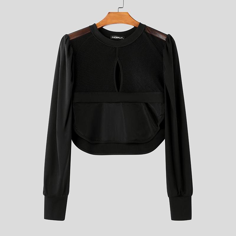 INCERUN Men Long Puff Sleeve Mesh Sheer Patchwork Crop Tops T-Shirts
