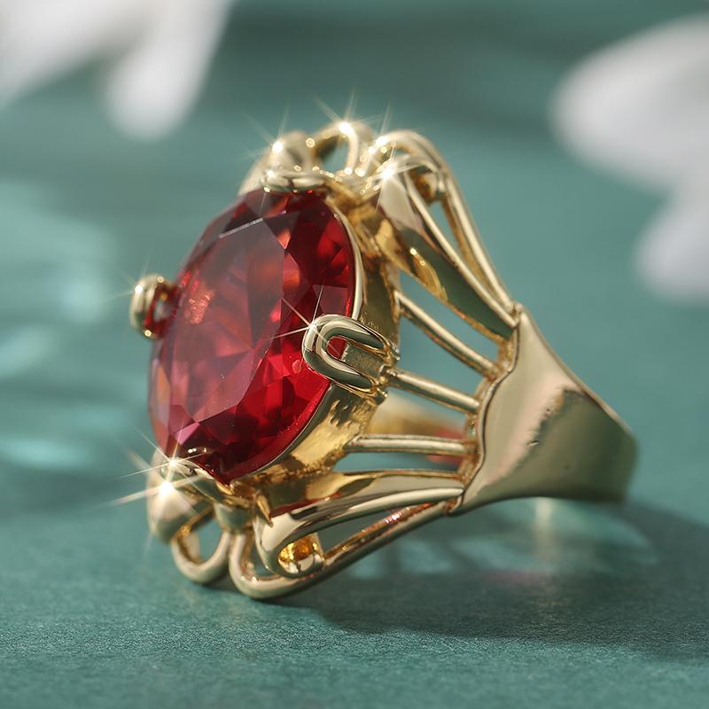 Vintage Inlaid Red Stone Women's Ring Trendy Gold Color Hand Carving Hollow Daily Wear Party Jewelry Anniversary Gift