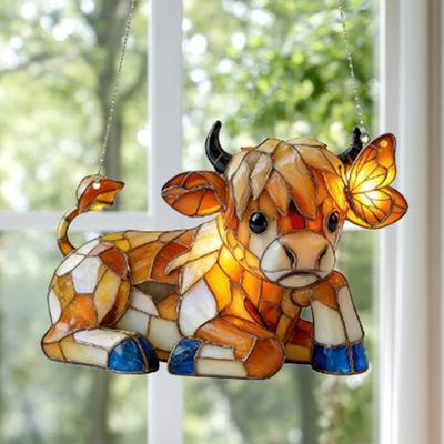 Hooglandkoe Vlinder Zonenvanger Decoratie Binnen Buiten Tuin Plaats Raam Wandhangend 2D Acryl Gebrandschilderd Glas Ornament
