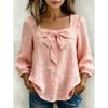 women's Square Neck Bow Tie Blouse 3/4 Puff Sleeve Casual Solid Color Top for Summer