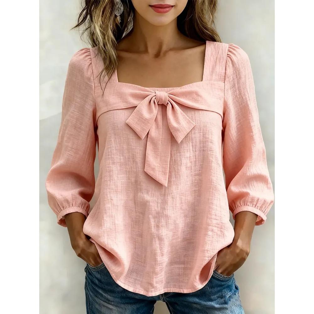 women's Square Neck Bow Tie Blouse 3/4 Puff Sleeve Casual Solid Color Top for Summer