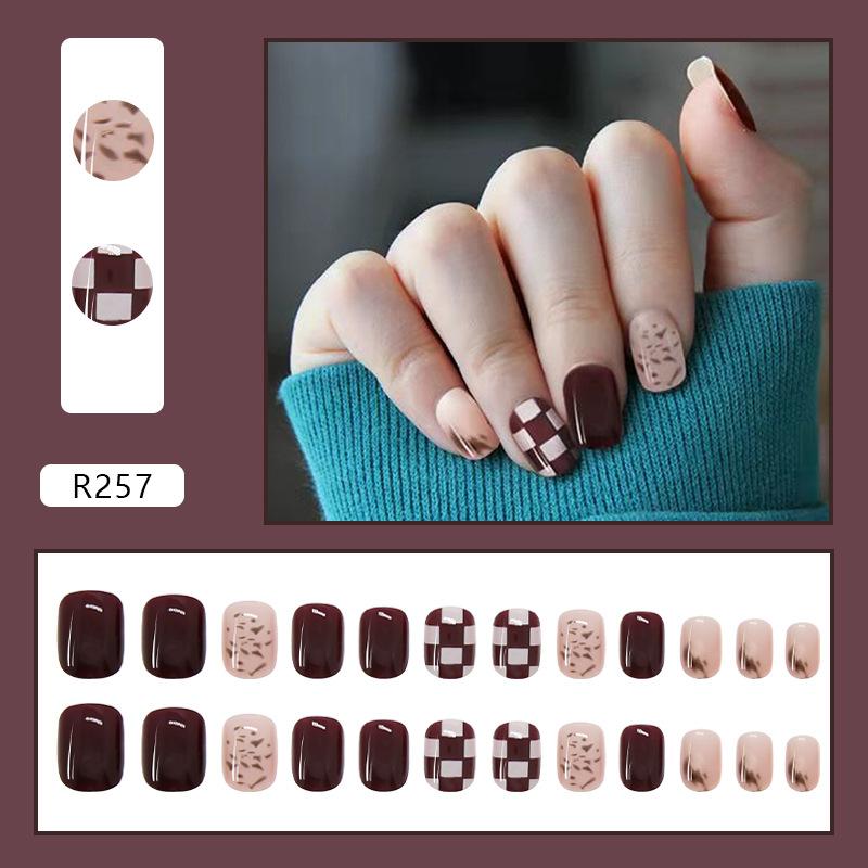 Retro red checkerboard wearable nail fake nail wearable nail sticker removable 24 pieces