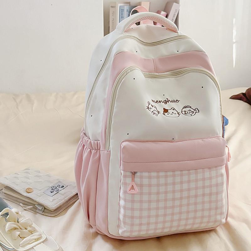 Grid Cat Fashion Embroidery Pattern Unisex Nylon School Backpack For Daily Use
