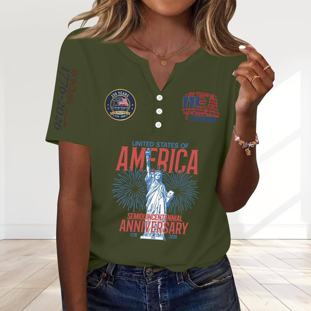 Women's Fashion Casual 250th Anniversary Independence Day Print V-Neck Short Sleeve Decorated Button-Up T-Shirt
