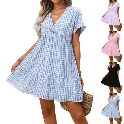 Women's Fashionable Checkered V-neck Short Sleeved Ruffled Holiday Loose Dress