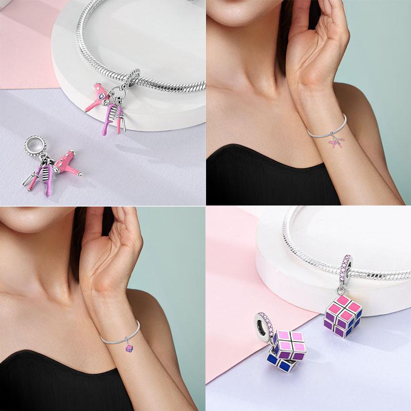 925 Silver Pink Doll Princess Pink Square Box Charm Pendant Beads Fit Charm Bracelet Women Jewelry Making