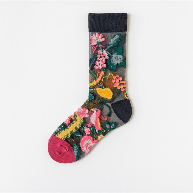 1 para skarpetek damskich kreskówkowy kot kwiat roślina kawaii śmieszne codzienne damskie kryształowy jedwab modne skarpetki streetwear harajuku skarpetki załogowe