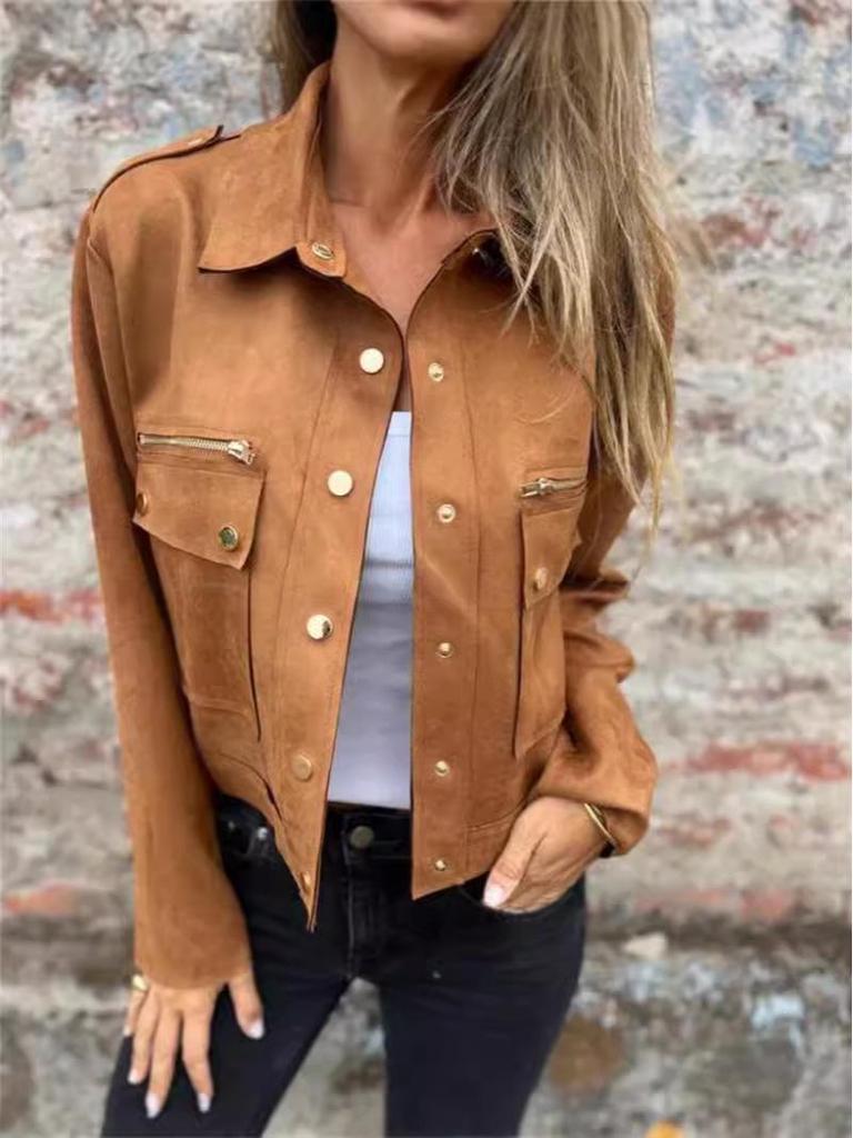 Suede Turn-Down Collar Long Sleeve Jacket with Metal Zipper - 2025 Collection