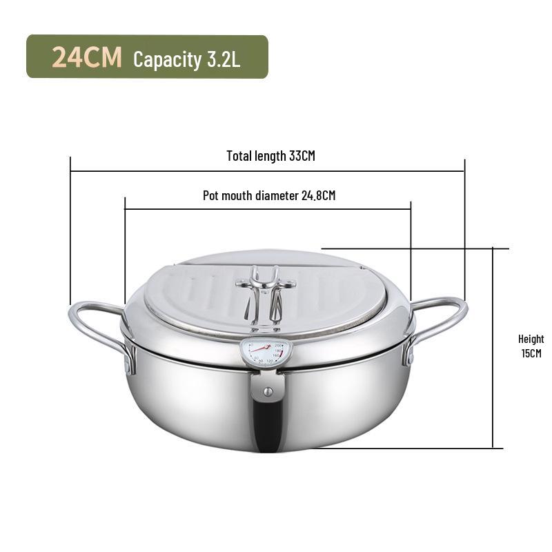 304 Stainless Steel Tempura Fryer with Thermometer for Oil-Saving On Induction and Gas Stoves