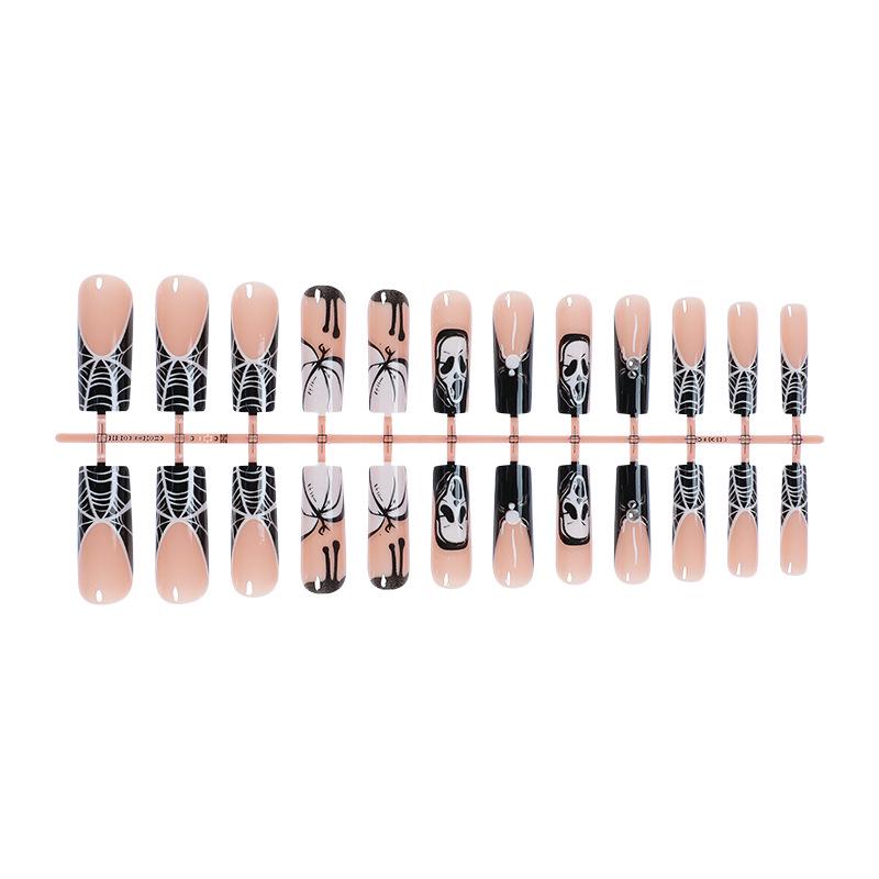 

24pcs Halloween White Spider & Skull Nail Stickers - Long Black & White False Nail Tips