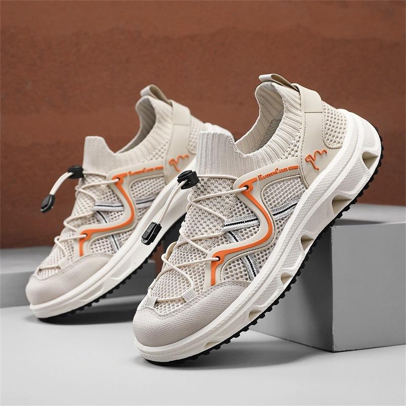 

Men s shoes 2025 summer new mesh breathable soft sole shock absorption comfortable sports shoes youth lace-up casual shoes 44 бежевый