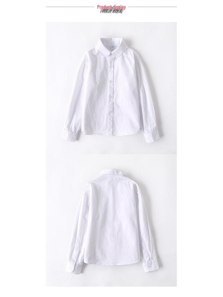 Girls' White Fleece-Lined Cotton Shirt: Long-Sleeved School Uniform for Elementary to Middle School.